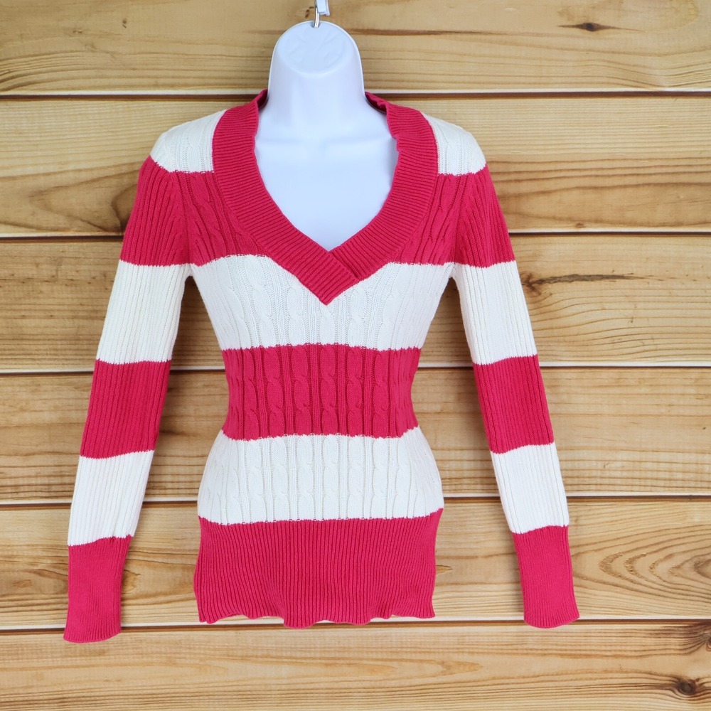 Faded Glory Cable-Knit Sweater Womens Sz S Pink White Striped 100% Cotton V-Neck